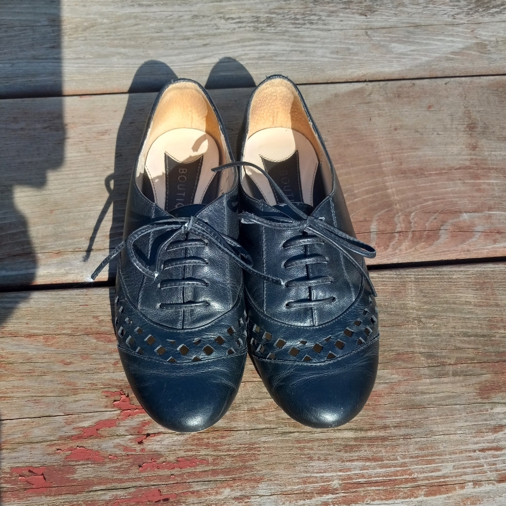 Boutique 9 Size 6.5 Women Black Leather Loafer Pump Oxford Lace Up Comfort Shoe